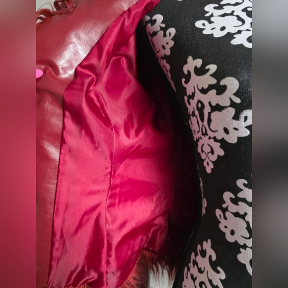 90's 00's Vintage Red Faux Leather Crop Penny Lane Y2k Jacket Fuzzy Sz S - Picture 13 of 16